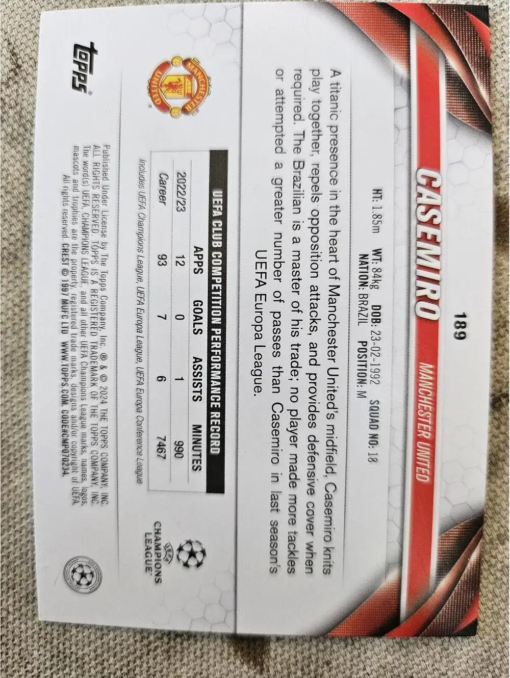 2023-24 Topps UEFA UCL Casemiro Inferno insert #189 Manchester United